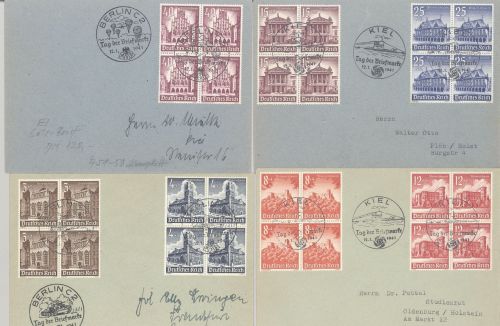 Dt. Reich, 5 Briefe mit Viererblock Frankatur WHW 1940 mit SST
