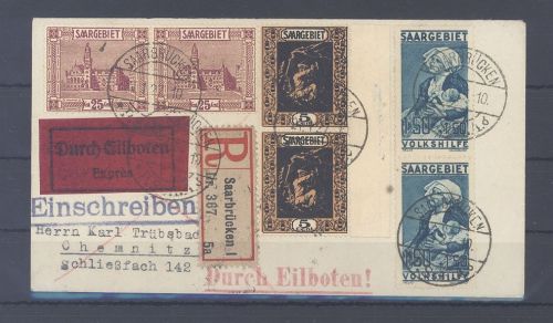 Saargebiet, Eilboten - Brief 1921 schöne Frankatur u.a. Volkshilfe