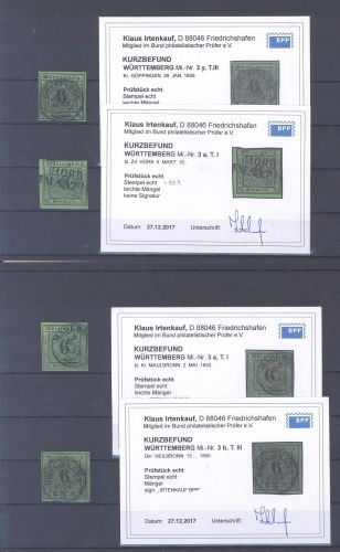 Württemberg, 5 x Michel Nummer 3 gestempelt, Befunde BPP