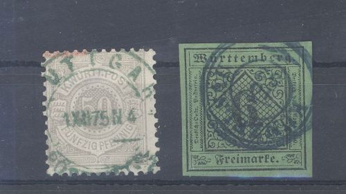 Württemberg, 2 Freimarken mit grünem Stempel als Posten