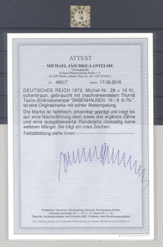 Dt. Reich Michel Nummer 28, 18 Kreuzer mit Traumstempel, FA BPP