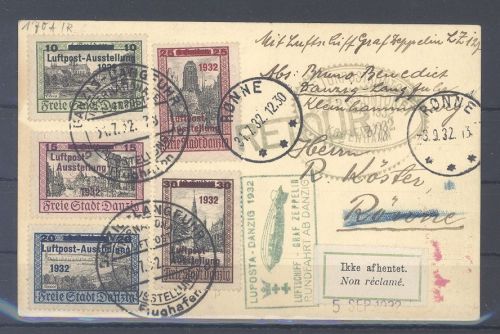 Danzig, Zeppelinkarte 1932 Michel Nummer 231-35 Luposta nach Ronne