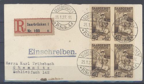 Saargebiet, Einschreib - Brief 1927 mit Viererblock Volkshilfe MeF