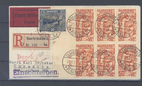 Saargebiet, Eilboten - Brief 1927 mit Sechserblock Volkshilfe MiF