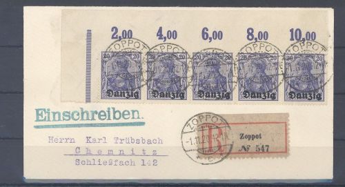 Danzig, R - Brief 1920 schöne Oberrand MeF Frankatur aus Zoppot