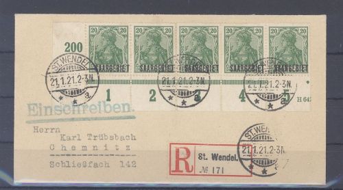 Saargebiet, Eilboten - Brief 1920 schöne Unterrand MeF Frankatur