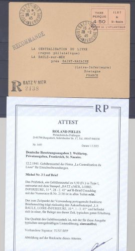 Dt. Bes. 2. WK Frankreich St. Nazaire Batz, R - Brief Mi.Nr. 3 als EF, FA