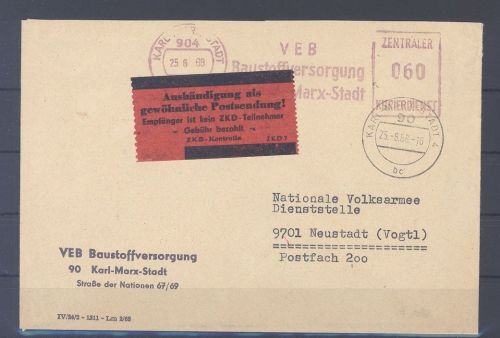 DDR, ZKD Brief 1968 mit Kontrollzetter aus Karl - Marx Stadt