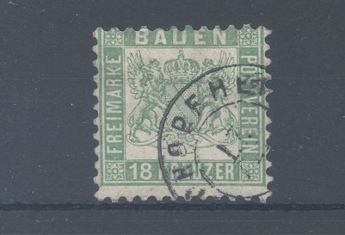 Baden Michel Nummer 21, 18 Kreuzer 1862 gestempelt, geprüft