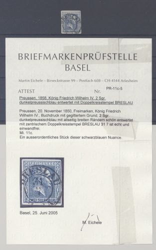 Preußen Michel Nummer 11c, 2 Sgr. 1858-60 gestempelt, Befund Basel