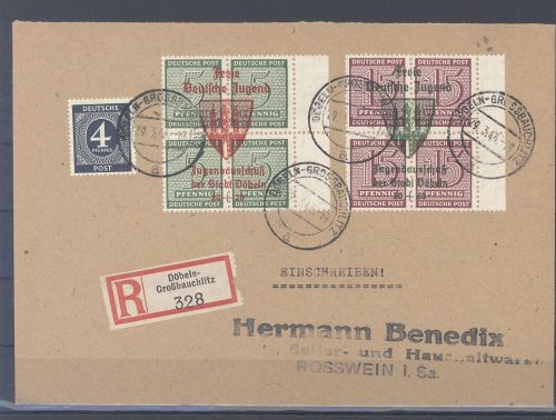 Dt. Lokalpost Döbeln, Brief mit Michel Nummer 2-3, Viererblöcke 1946