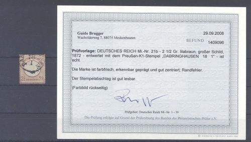 Dt. Reich Michel Nummer 21b, 2 1-2 Gr. Brustschild gestempelt Befund BPP