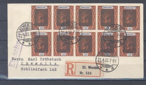 Saargebiet, R - Brief 1922 Zehnerblock Frankatur aus St. Wendel