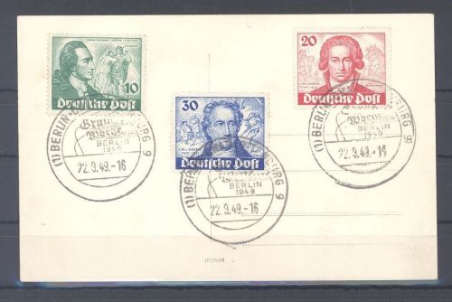 Berlin Michel Nummer 61-63 Goethe 1949 mit SST auf Karte