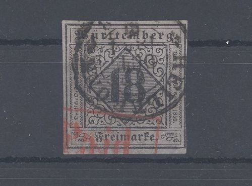 Württemberg Michel Nummer 5, 18 Kreuzer 1851 farbiger Stempel