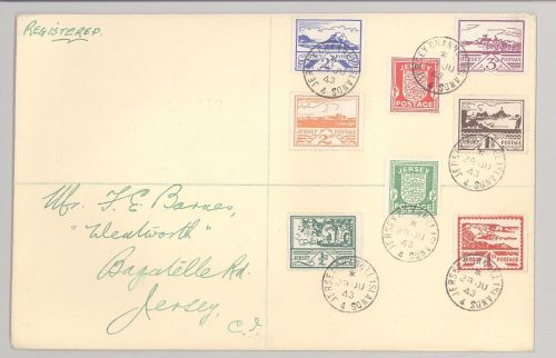 Dt. Bes. 2. WK Jersey, Brief mit Michel Nummer 1-8 aus 1941