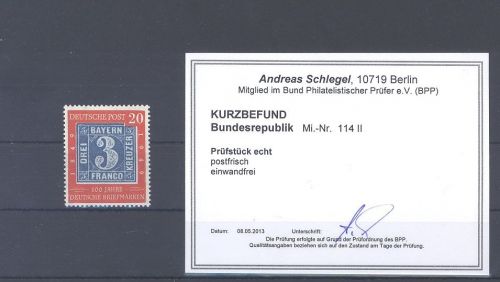 Bund Michel Nr. 114 II, 20 Pfg. 1949 mit Plattenfehler II **, Befund BPP
