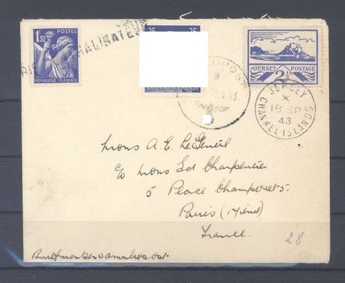 Dt. Bes. 2. WK Jersey, Zensur Brief 1943 mit interessanter MiF
