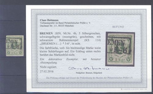 Bremen Michel Nummer 4b, 5 Sgr. 1859 gestempelt, Befund BPP
