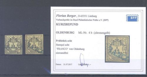 Oldenburg Michel Nummer 4a und 4b gestempelt, 4b Befund BPP