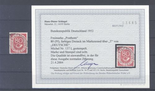 Bund Michel Nummer 137 I, 80 Pfg. Posthorn gestempelt Befund BPP