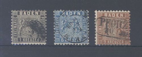 Baden Michel Nummer 13-15, Freimarken 1862 gestempelt, geprüft BPP