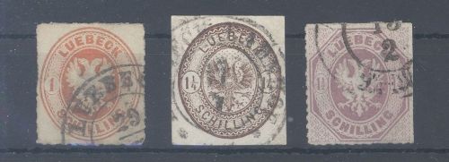 Lübeck Michel Nummer 9, 13 und 14 aus 1863-65 gestempelt