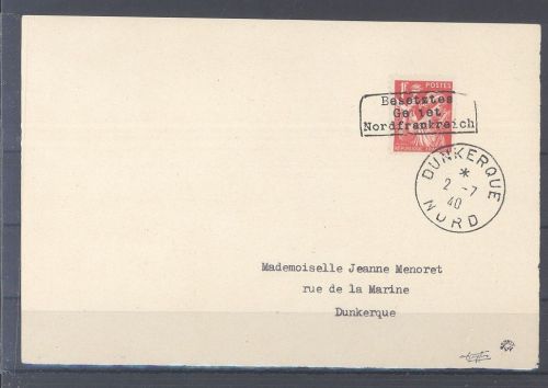 Dt. Bes. 2. WK Frankreich, Briefstück 1940 mit 1f. Rot aus Dünkirchen