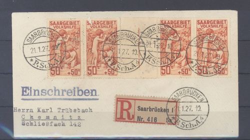 Saargebiet, R - Brief 1927 Volkshilfe Frankatur aus Saarbrücken