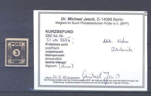 SBZ Michel Nummer 51 atx DDD II, 3 Pf. 1945 **, Befund BPP