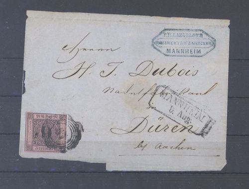 Baden, Brief mit Michel Nummer 4, 9 Kreuzer Freimarke 1851-58 EF