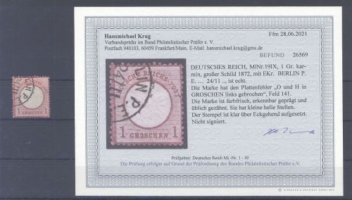 Dt. Reich, 1 Groschen Brustschild mit Plattenfehler IX, Befund BPP