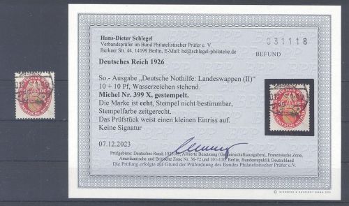 Dt. Reich Mi.Nr. 399x, 10 Pfg. Wasserzeichen x gestempelt, Befund BPP