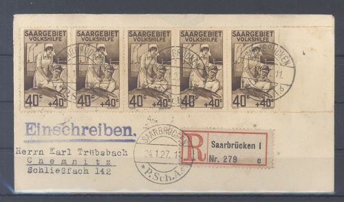 Saargebiet, R - Brief 1927 Volkshilfe Frankatur aus Saarbrücken