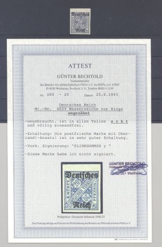 Dt. Reich Dienst Michel Nr. 60 Y U, 20 Pfg. 1920 ungezähnt **, FA BPP