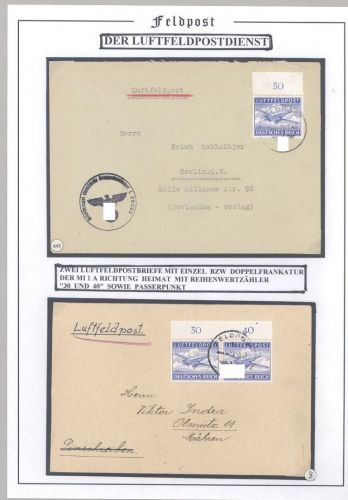 Dt. Feldpost 2. WK, Sammlerblatt mit 2 Luftpostpostbelegen