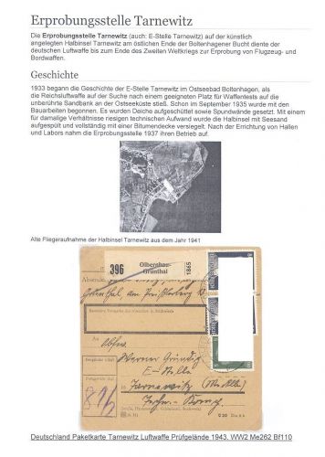 Dt. Feldpost 2. WK, Sammlerblatt Erprobungsstelle Tarnewitz Paketkarte