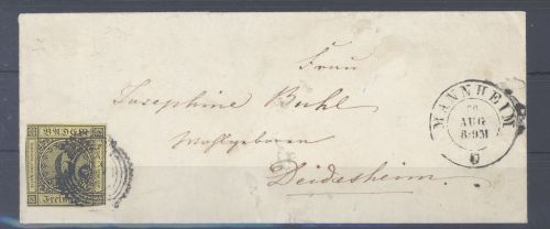 Baden, Brief mit Michel Nummer 7, 6 Kreuzer 1853 EF aus Mannheim