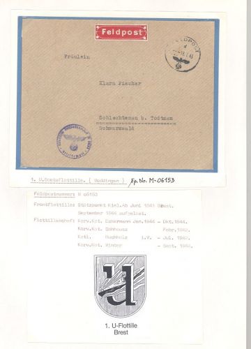 Dt. Feldpost 2. WK, Brief 1943 von der 1. U - Bootsflotille Weddingen