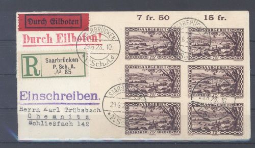 Saargebiet, Eilboten - Brief mit Sechserblock Frankatur aus Saarbrücken