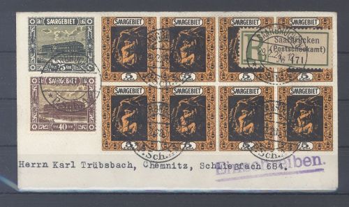 Saargebiet, Einschreib - Brief 1928 Achterblock Frankatur Saarbrücken