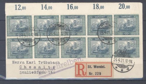 Saargebiet, Einschreib - Brief 1928 Zehnerblock Frankatur St. Wendel