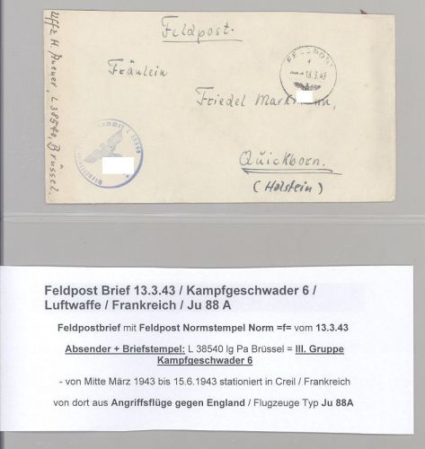 Dt. Feldpost 2. WK, Brief 1943 Kampfgeschwader 6 der Luftwaffe