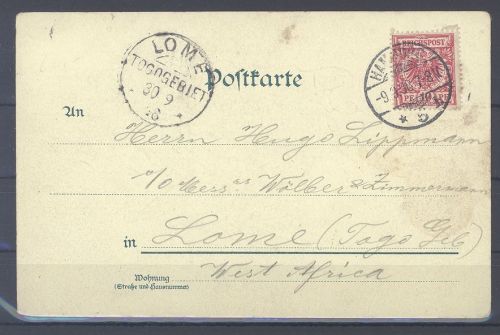 Dt. Kolonien Togo, gelaufene AK 1898 aus Hamburg nach Lome