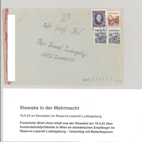Dt. Feldpost 2. WK, Lazarett Brief 1943 an einen slowakischen Soldaten
