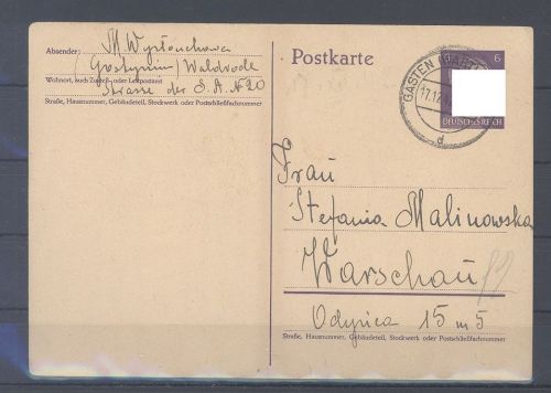 Dt. Feldpost 2. WK, gelaufene GA 1942 Gasten - Polen nach Warschau