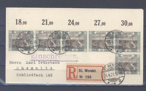 Saargebiet, R - Brief 1921 Viererstreifen Frankatur Einfuhrstempel