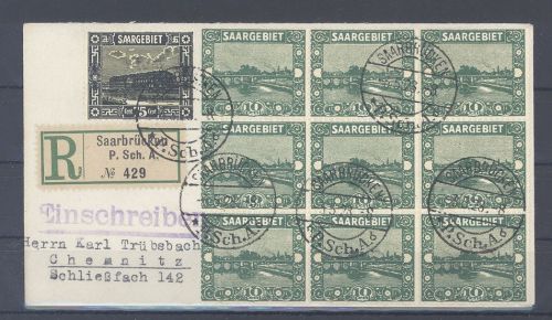 Saargebiet, Einschreib - Brief 1928 Neunerblock Frankatur Saarbrücken