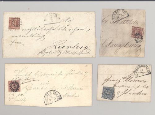Bayern, 4 Briefe Kreuzer Frankaturen als Posten