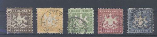 Württemberg Michel Nummer 16-20y, Freimarken 1861 gestempelt